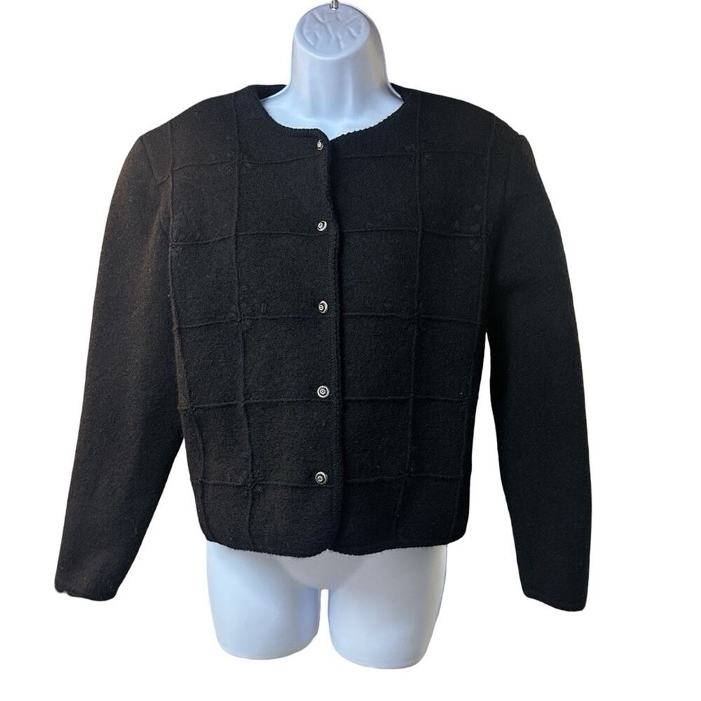 Deans of Scotland Wool Jacket Black Textured Cardigan Button Front Large